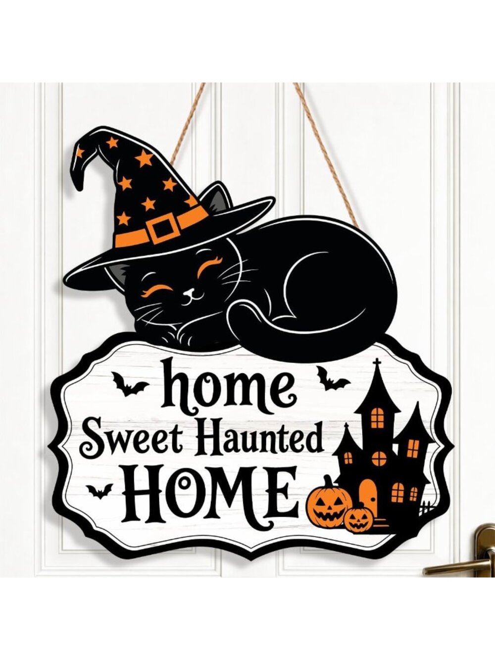 Halloween Decoration Wreath Front Door Wooden Black Cat Door Decor Haunted House